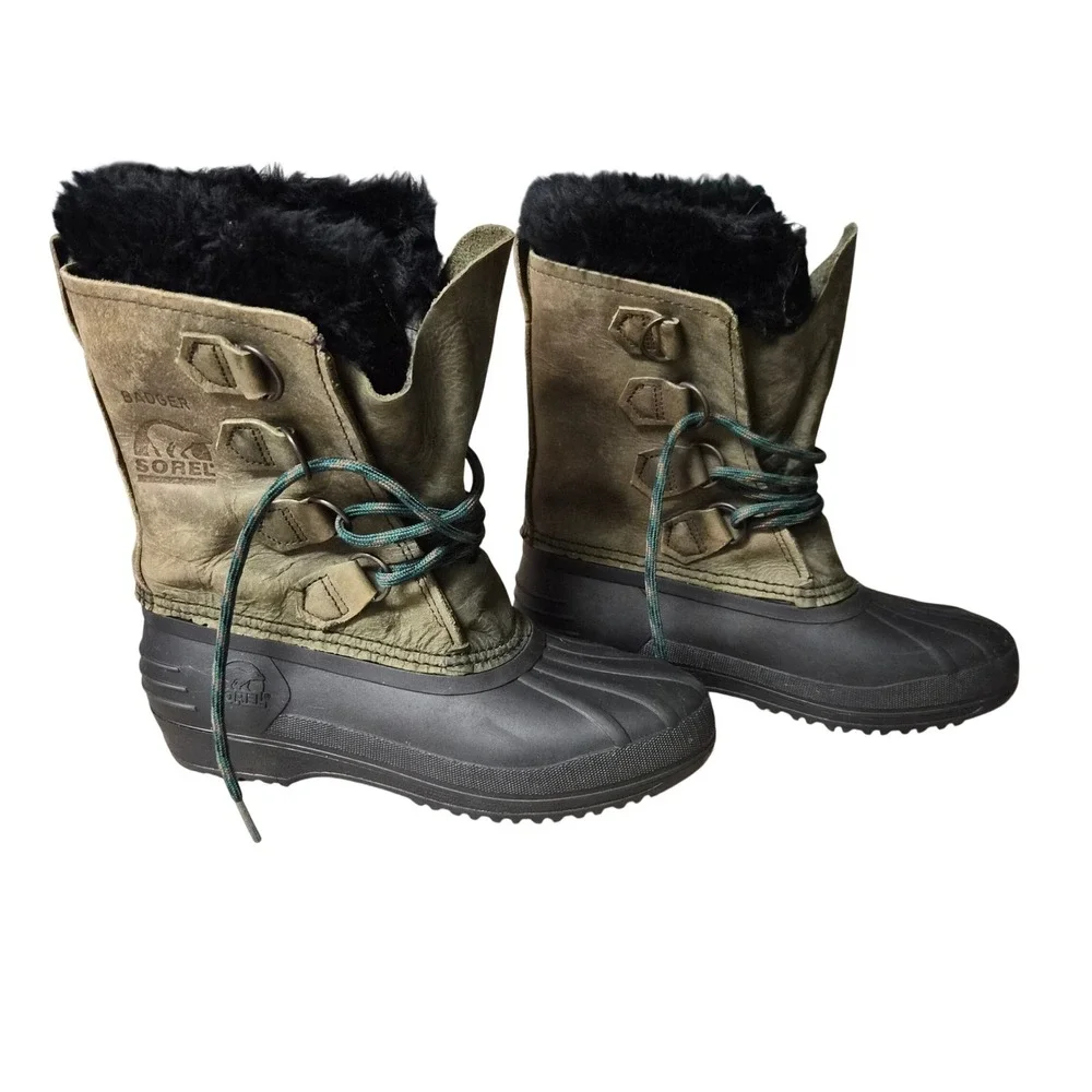 Vintage Sorel Badger Women 6 Olive Green Black Leather Faux Fur Duck Boot Canada